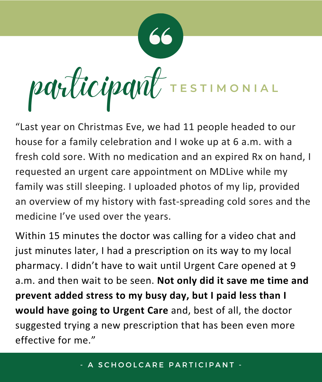 MDLive-Testimonial-11-27-23 written testimonial describing how MDLIVE helped a participant get a prescription early on Christmas Eve 2023